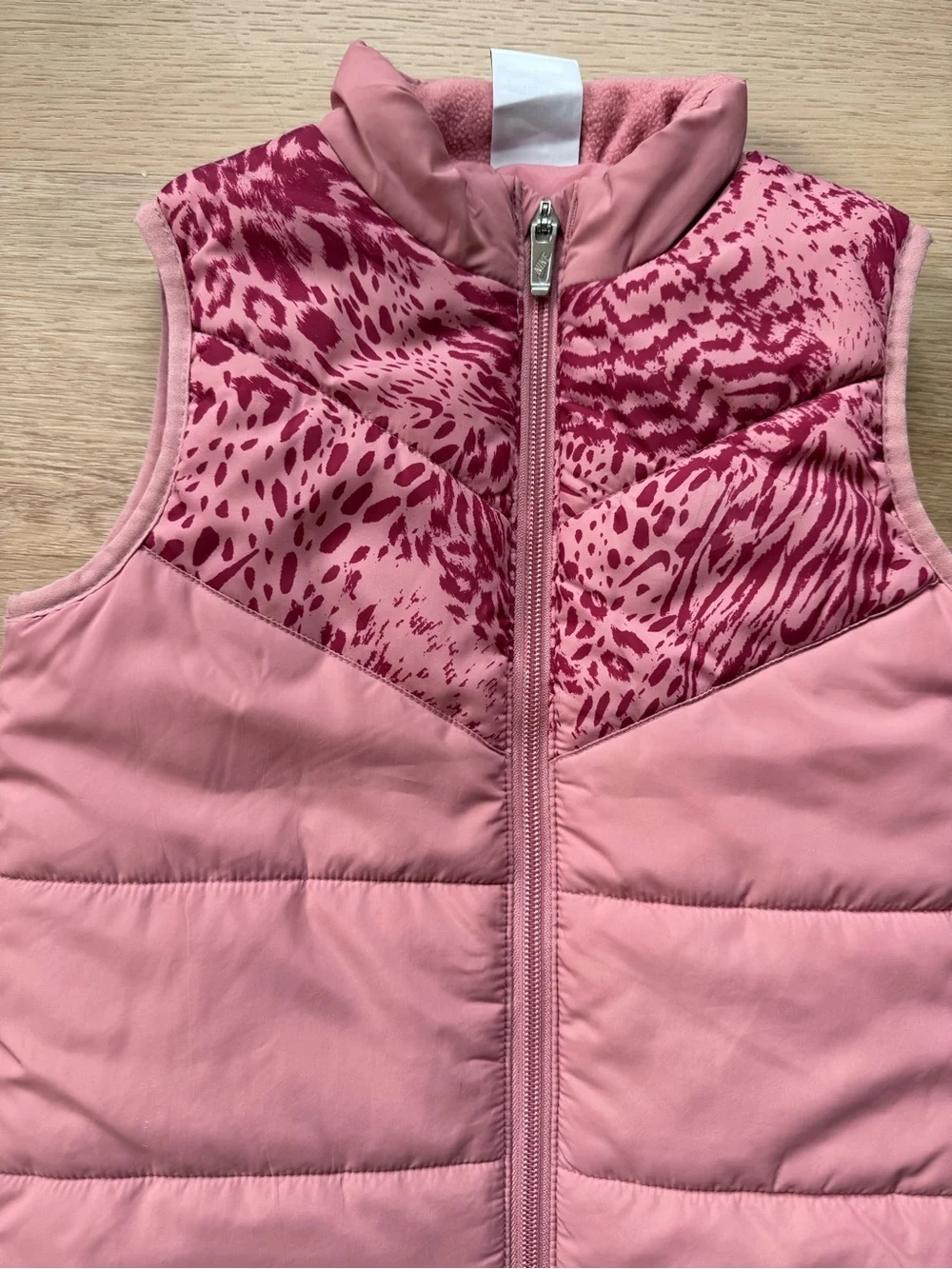 Girls Nike Pink Puffer Vest with Animal Print Yoke - Size 6/7